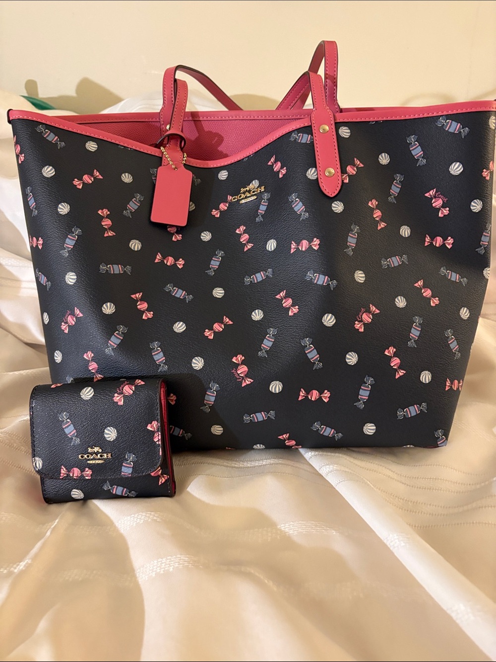 Coach Black Tote with Pink Candy Print and Matching Wallet